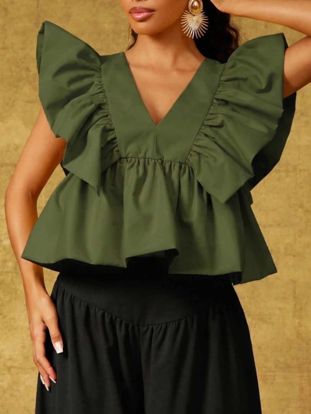 olive green ruffle peplum v-neck top